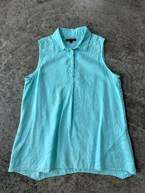 For Cynthia 100% Linen Sleeveless Button Up Top Teal Aqua Blue Women's Large